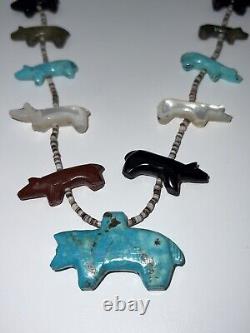 Early Native Zuni Carved Multi Stone Bear Fetish Necklace By Albenita Yunie (d.)