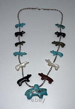 Early Native Zuni Carved Multi Stone Bear Fetish Necklace By David Tsikewa (d.)