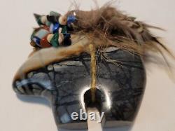 Early Native Zuni Carved Stone Bear Fetish Feathers Gemstones 2.5 Wide Rare