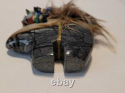 Early Native Zuni Carved Stone Bear Fetish Feathers Gemstones 2.5 Wide Rare