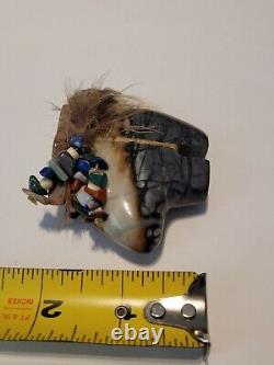 Early Native Zuni Carved Stone Bear Fetish Feathers Gemstones 2.5 Wide Rare