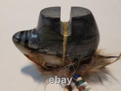 Early Native Zuni Carved Stone Bear Fetish Feathers Gemstones 2.5 Wide Rare