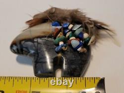 Early Native Zuni Carved Stone Bear Fetish Feathers Gemstones 2.5 Wide Rare