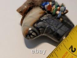 Early Native Zuni Carved Stone Bear Fetish Feathers Gemstones 2.5 Wide Rare