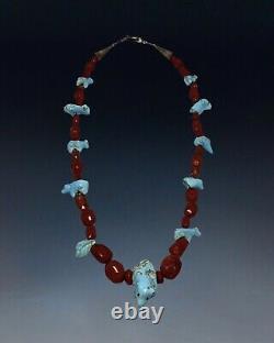 Early Native Zuni Carved Turquoise & Coral Fetish Necklace By Leekya Deyuse (d.)