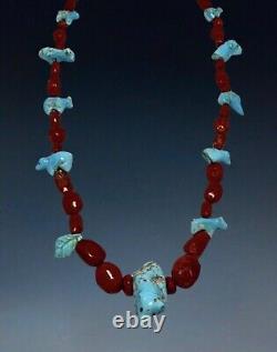 Early Native Zuni Carved Turquoise & Coral Fetish Necklace By Leekya Deyuse (d.)