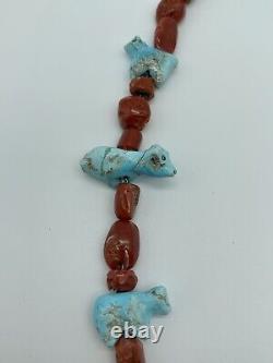 Early Native Zuni Carved Turquoise & Coral Fetish Necklace By Leekya Deyuse (d.)