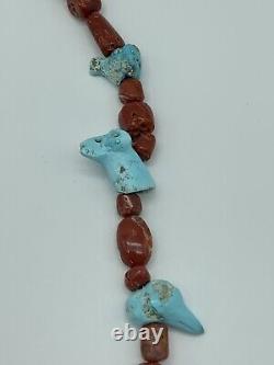 Early Native Zuni Carved Turquoise & Coral Fetish Necklace By Leekya Deyuse (d.)