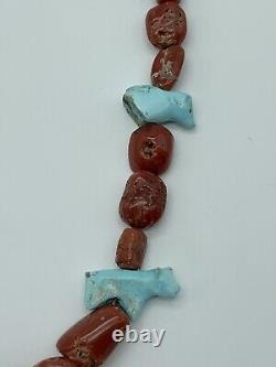 Early Native Zuni Carved Turquoise & Coral Fetish Necklace By Leekya Deyuse (d.)