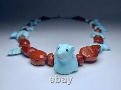 Early Native Zuni Carved Turquoise & Coral Fetish Necklace By Leekya Deyuse (d.)