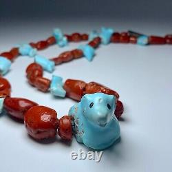 Early Native Zuni Carved Turquoise & Coral Fetish Necklace By Leekya Deyuse (d.)