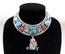 Early Navajo Attr To W Dodson Turquoise Coral Sterling Silver Collar Necklace