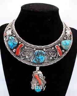 Early Navajo Attr To W Dodson Turquoise Coral Sterling Silver Collar Necklace