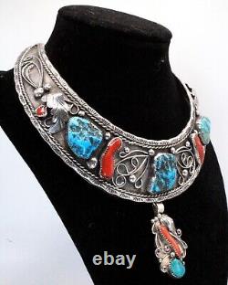 Early Navajo Attr To W Dodson Turquoise Coral Sterling Silver Collar Necklace