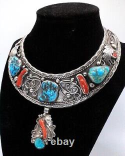 Early Navajo Attr To W Dodson Turquoise Coral Sterling Silver Collar Necklace