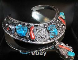 Early Navajo Attr To W Dodson Turquoise Coral Sterling Silver Collar Necklace