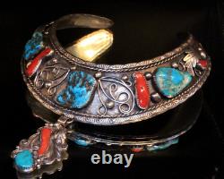 Early Navajo Attr To W Dodson Turquoise Coral Sterling Silver Collar Necklace