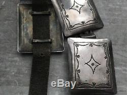 Early Navajo Coin Ingot Silver Heavy Hand Tooled Concho Link Belt & Buckle 580g