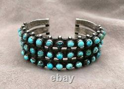 Early Navajo Cuff Bracelet 3 Row Coin Silver Turquoise Snake Eyes 59.2 Grams