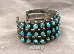 Early Navajo Cuff Bracelet 3 Row Coin Silver Turquoise Snake Eyes 59.2 Grams