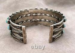 Early Navajo Cuff Bracelet 3 Row Coin Silver Turquoise Snake Eyes 59.2 Grams