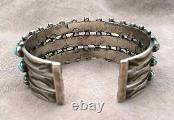 Early Navajo Cuff Bracelet 3 Row Coin Silver Turquoise Snake Eyes 59.2 Grams