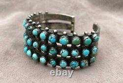 Early Navajo Cuff Bracelet 3 Row Coin Silver Turquoise Snake Eyes 59.2 Grams