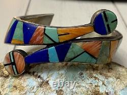 Early Navajo Frank Yellowhorse Sterling & Multigem Inlay Sunface Cuff Bracelet