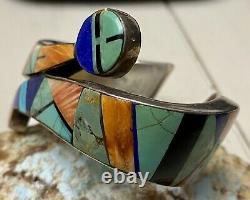 Early Navajo Frank Yellowhorse Sterling & Multigem Inlay Sunface Cuff Bracelet