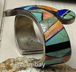 Early Navajo Frank Yellowhorse Sterling & Multigem Inlay Sunface Cuff Bracelet