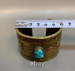 Early Navajo Heavily Stamped Ingot Brass Cuff Bracelet With Turquoise Stone