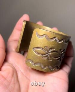Early Navajo Heavily Stamped Ingot Brass Cuff Bracelet With Turquoise Stone
