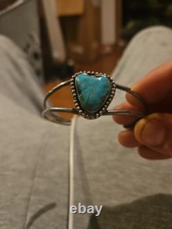 Early Navajo Ingot Silver Fred Harvey Era Stampwork Turquoise Carinated Cuff