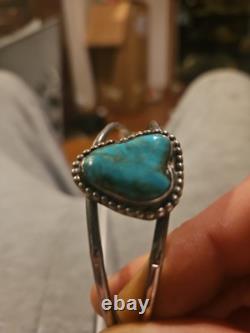 Early Navajo Ingot Silver Fred Harvey Era Stampwork Turquoise Carinated Cuff