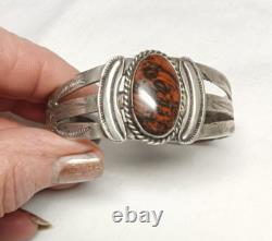 Early Navajo Ingot Silver Petrified Wood Cuff Bracelet