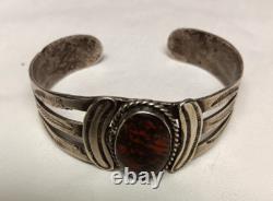 Early Navajo Ingot Silver Petrified Wood Cuff Bracelet