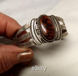 Early Navajo Ingot Silver Petrified Wood Cuff Bracelet