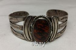 Early Navajo Ingot Silver Petrified Wood Cuff Bracelet