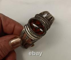 Early Navajo Ingot Silver Petrified Wood Cuff Bracelet