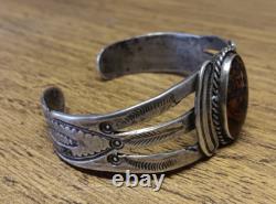 Early Navajo Ingot Silver Petrified Wood Cuff Bracelet