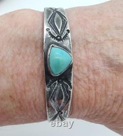Early Navajo Ingot Silver Turquoise Cuff Bracelet Arrows Handmade Sz 6