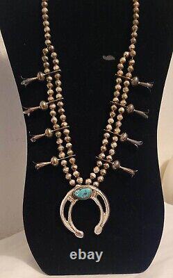 Early Navajo Squash Blossom Silver Turquoise Necklace