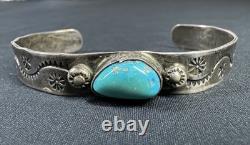 Early Navajo Stamped Sterling And Turquoise Cuff Bracelet Large Size Unisex