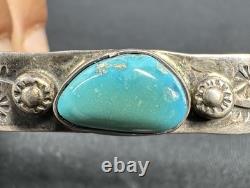 Early Navajo Stamped Sterling And Turquoise Cuff Bracelet Large Size Unisex