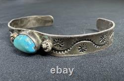 Early Navajo Stamped Sterling And Turquoise Cuff Bracelet Large Size Unisex