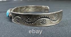 Early Navajo Stamped Sterling And Turquoise Cuff Bracelet Large Size Unisex