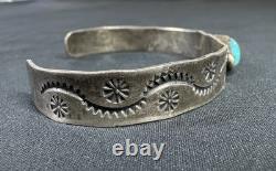 Early Navajo Stamped Sterling And Turquoise Cuff Bracelet Large Size Unisex