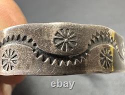 Early Navajo Stamped Sterling And Turquoise Cuff Bracelet Large Size Unisex