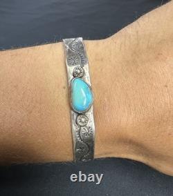 Early Navajo Stamped Sterling And Turquoise Cuff Bracelet Large Size Unisex