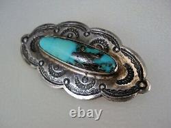 Early Navajo Stamped Sterling Silver & Stormy Mountain Turquoise Pin Brooch